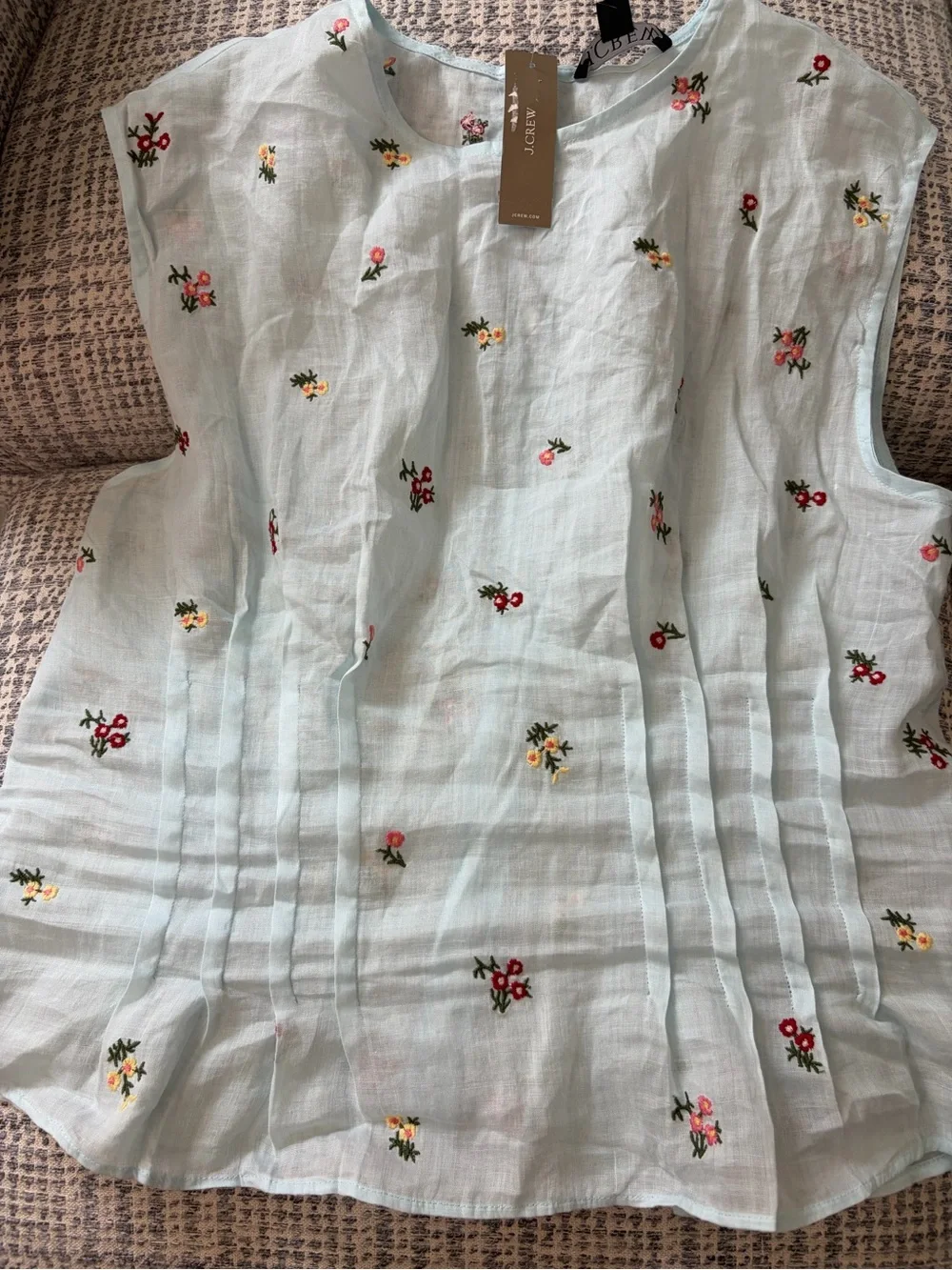 J. Crew Light Blue Sleeveless Linen-Blend Top with Embroidered Florals